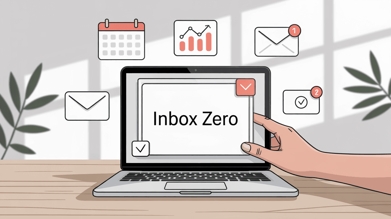 Email management success illustration showing Inbox Zero achievement with organized workspace and productivity indicators